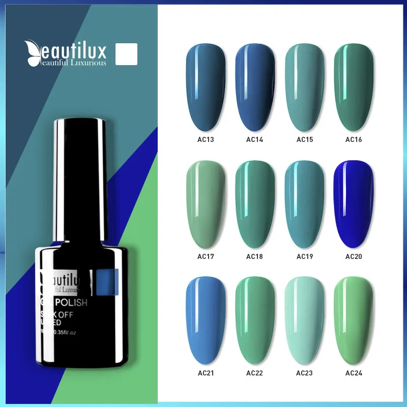 

Beautilux Gel Nail Polish Cyan Green Blue Sea Water Color Soak Off UV LED Gels Lacquer Semi Permanent Nails Varnish AC13~24 10ml