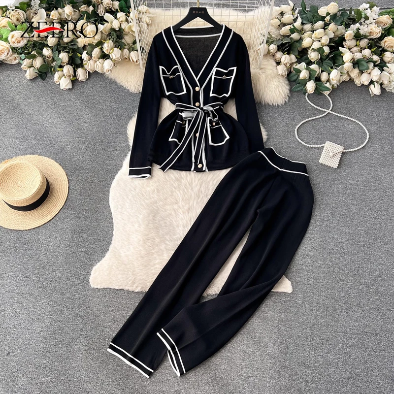 

Autumn Winter Women Long Sleeve Pockets Sash Knitted Cardigans Coat + Wide Leg Full Pants Sets Two Piece Set Womens Outfits