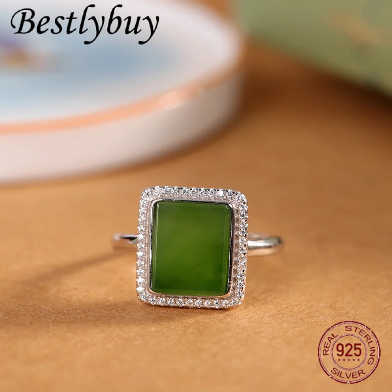 

Real S925 Sterling Silver Ring For Women Retro Fashion Natural Jade Square Simple Temperament Ring