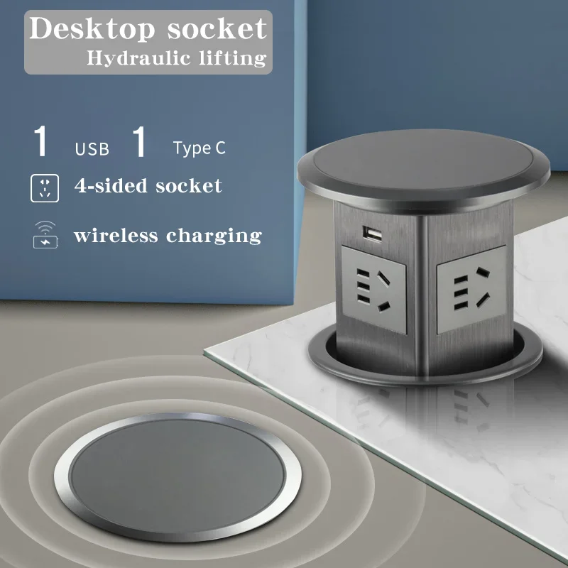 Hydraulic Lifting Desktop Hidden Socket UN TL US UK Standard Desk Socket With USB, Type-C and Wireless Charging For Home Office