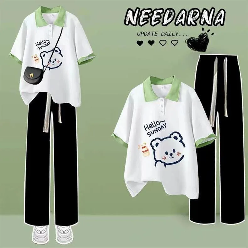 Summer girls' short sleeved polo collar T-shirt+fashionable wide leg pants two-piece set