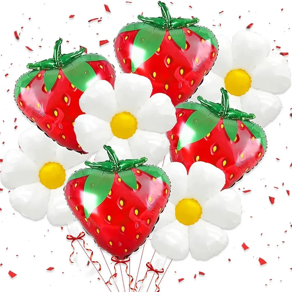8-teiliges Erdbeer-Gänseblümchen-Ballonset, Rote Erdbeer-Folienballons für Erdbeer-Themen-Geburtstagsfeiern, Dekorationen und Foto-Requisiten