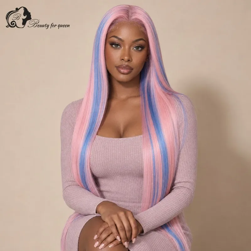 Pink Blue Highlight Straight Lace Front Wig Long Elegant For Lady Heat Friendly Fluffy Luxe Hot Smooth Quality Everyday Bold