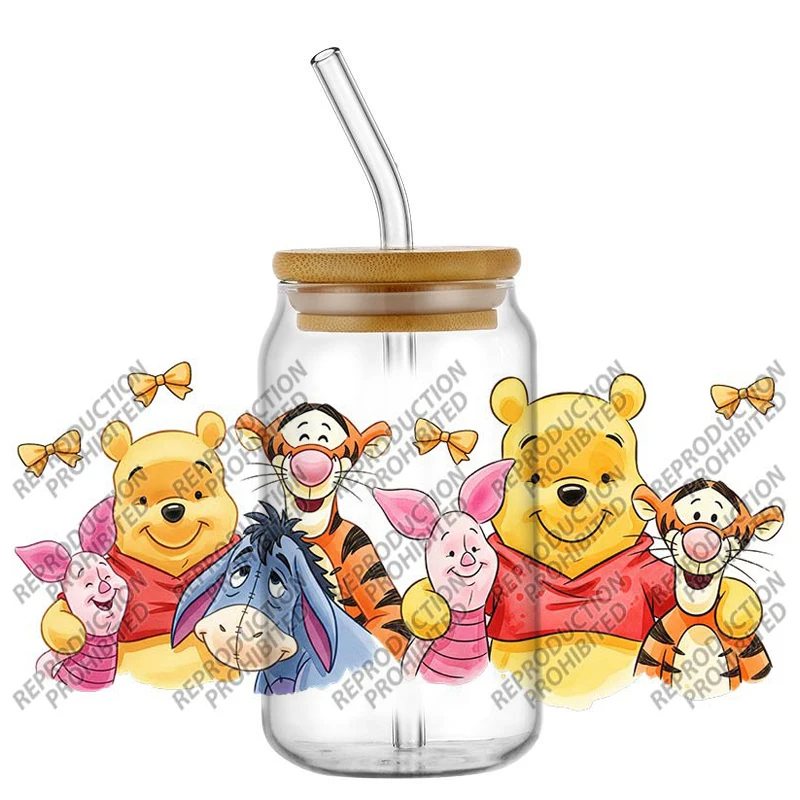 Popular Cute Cartoon Winnie Bear Fashion Design 16oz UV DTF 3D Transfer Sticker Decals For Glass Can Cup Craft DIY Creative