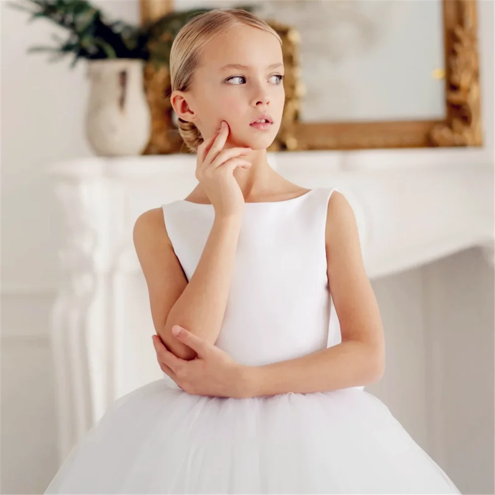 First Communion Gowns White Flower Girl Dresses Elegant Tulle Puffy Bow Sleeveless For Wedding Party Kids Birthday GIft