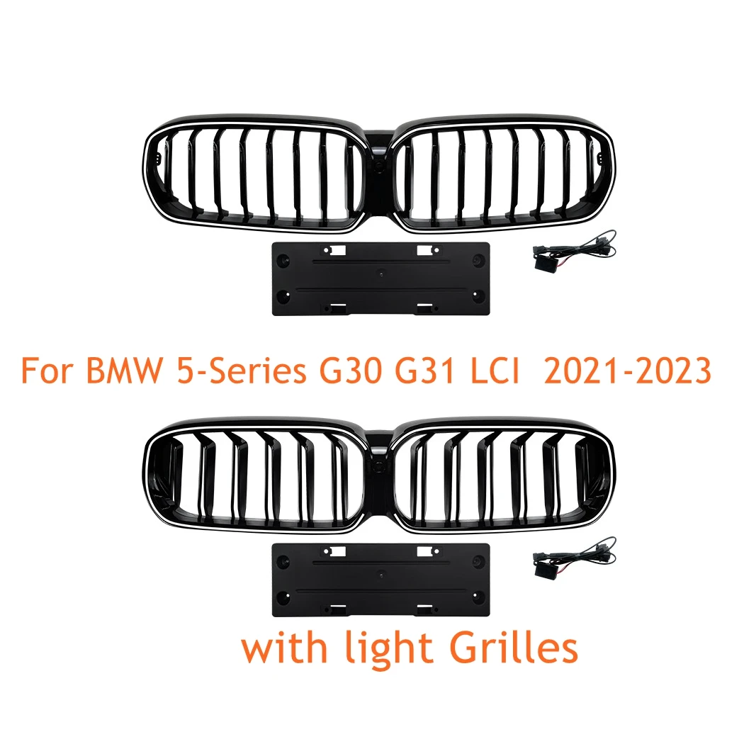 Glossy Black Front Kidney Grilles For BMW 5-Series G30 G31 LCI 2021-2023 with light Double Slat Grilles