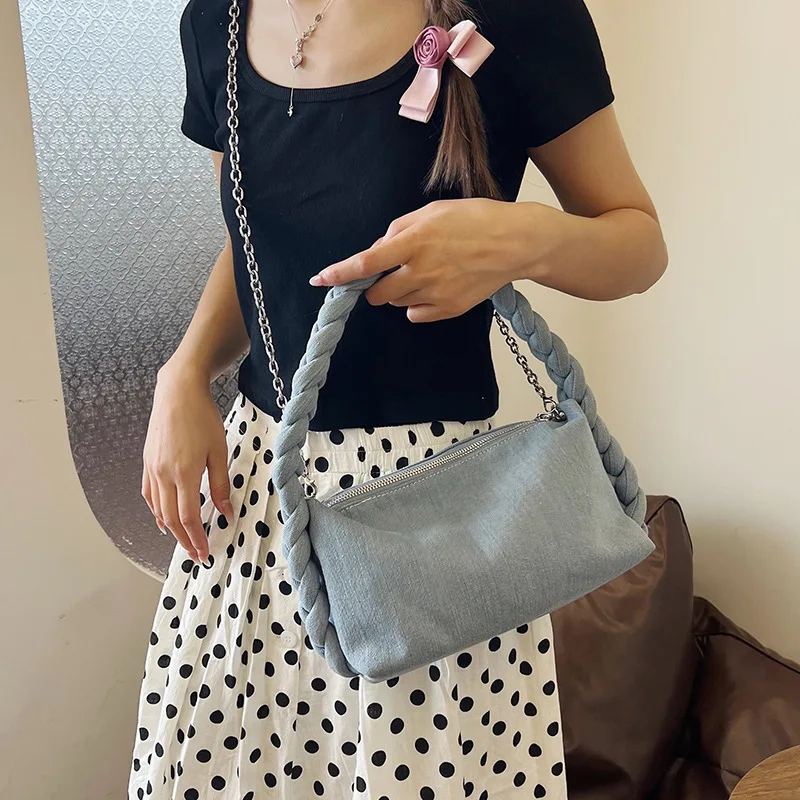 

2025 Braided Denim Cloud Bag for Women, Large Capacity Puffy Shoulder Bag, Chain Crossbody Purse, Bohemian Chic Spacious