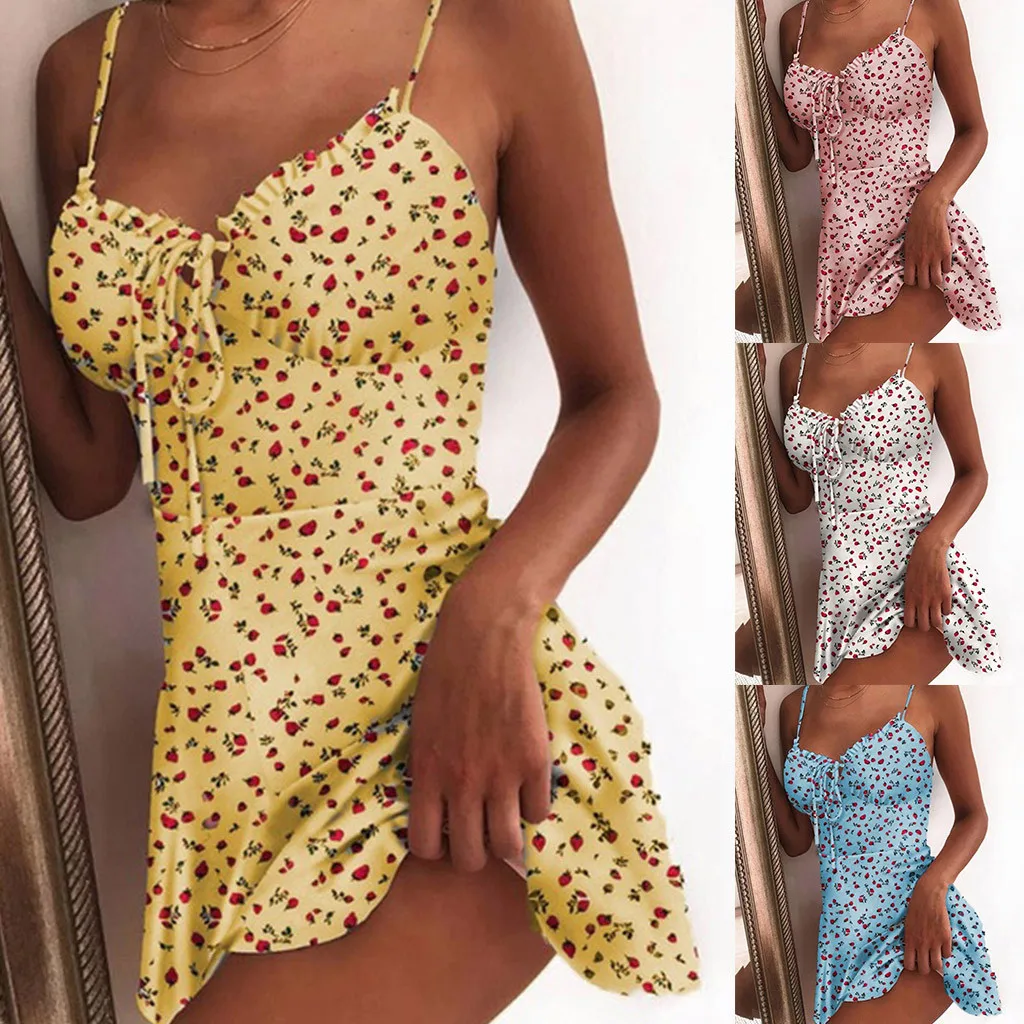 2023 Women Fruit Printed Sweet Sling Dress Ladies Summer Fashion Sleeveless Sexy V-neck Lace-up Dress Party Shopping Daily Wear