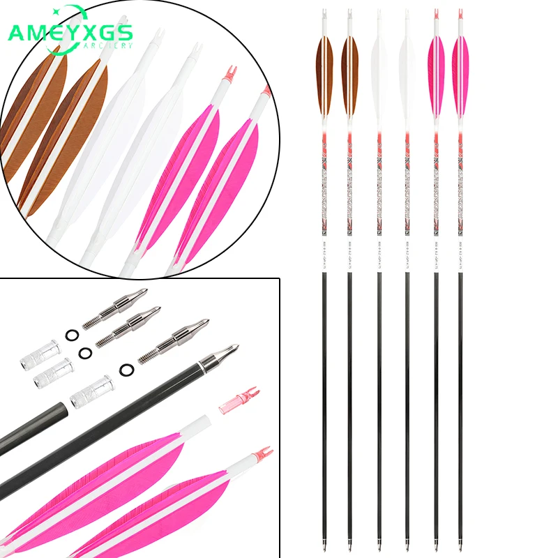 

12PCS Archery Pure Carbon Arrow 100Gr Arrowhead 5" Turkey Feather ID 6.2mm Spine 300-800 Bow Hunting Shooting Sport