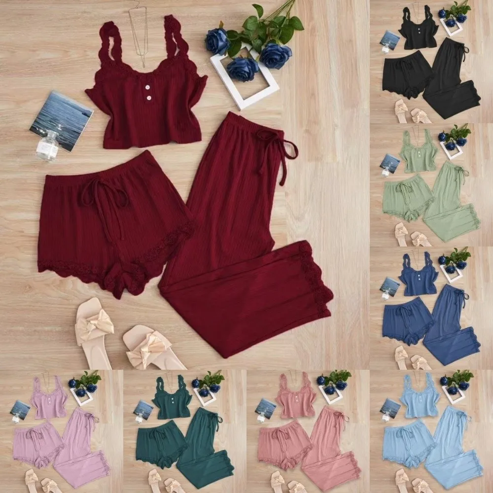 

Slim Fit Women Lace Camisole Pajamas Long Pants and Shorts Sleeveless Lace Vest Homewear Lace Corset Leisure Clothes