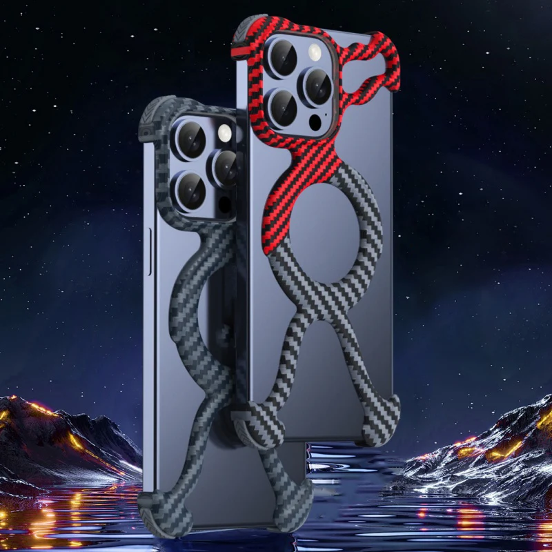 

Luxury Carbon Fiber Texture Frameless Phone Case For iPhone 16ProMax 15pro 14 Magnetic Four Corner Shockproof For Iphone13 12Pro