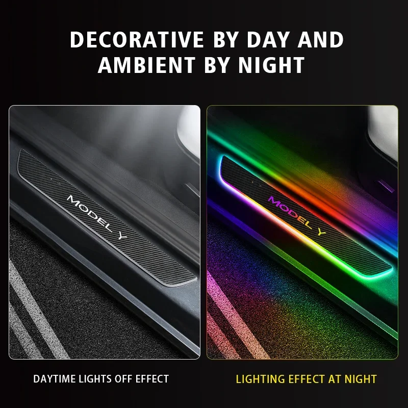 4Pcs RGB Colour Multi-Mode Car Door Pedal Lamp Welcome Scuff Plate Pedal light For Tesla Model Y Model 3 LED Car Door Sill Light