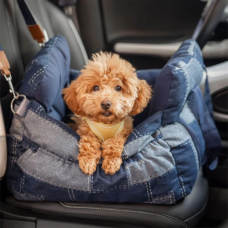 Travel Safety Bolster Vintage Denim Patchwork Dog Car Seat Bed with Safety Buckle Customized LOGO Luxury Dog Beds Pet Car Seat