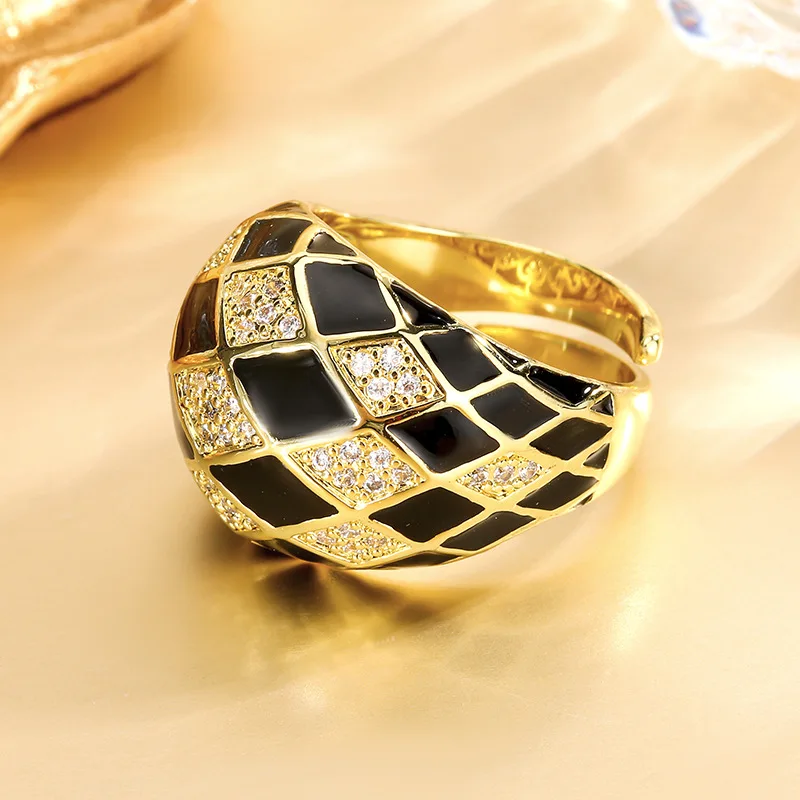

Gold Color Adjustable Statement Ring with Black Enamel Crystal Zircon Geometric Lattice Wide Band Fashion Jewelry for Women