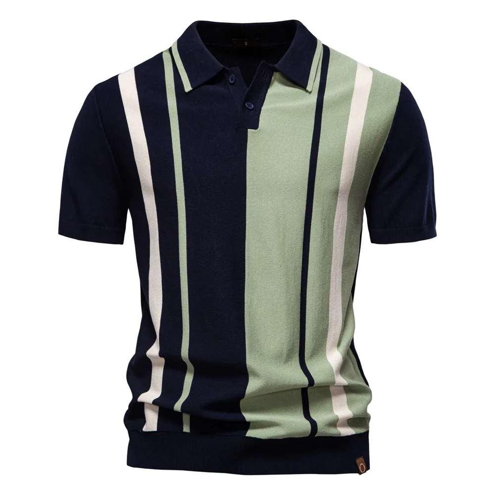 Men's Knitted Short Sleeve  Shirt Collared Striped Sve Casual Mid-Length Nine-Arm Winter Fashion No-Brand Registered Trad...