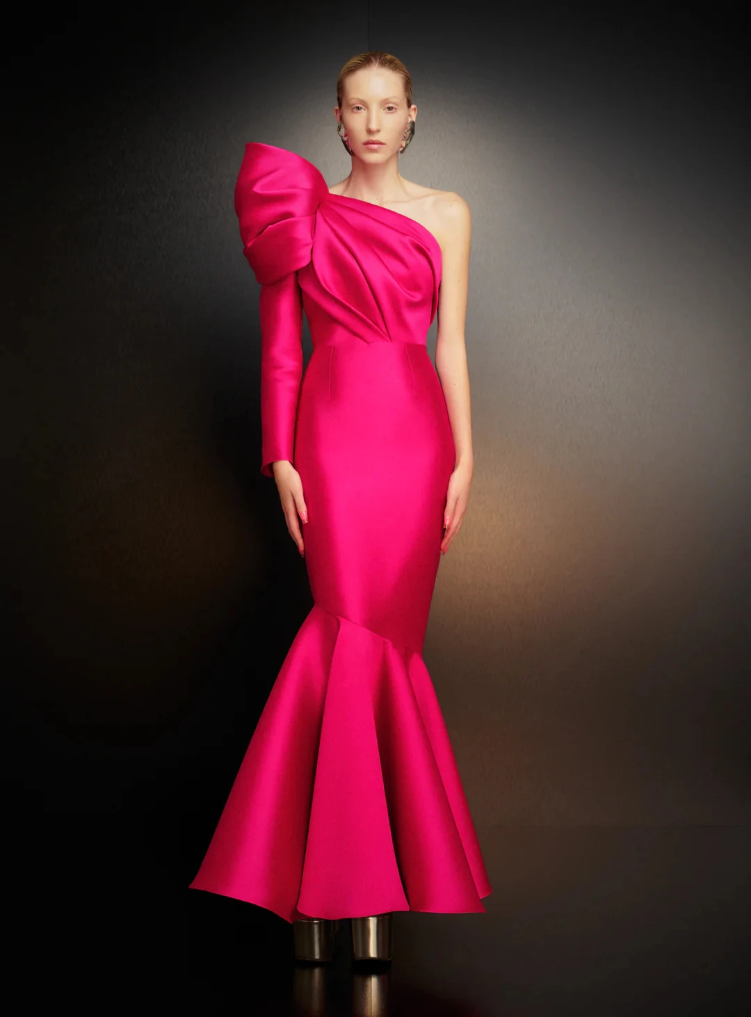 

Customized Formal One Shoulder Satin Evening Dresses High Quality Straight Floor Length Long Sleeves Custom Size Special Occasio