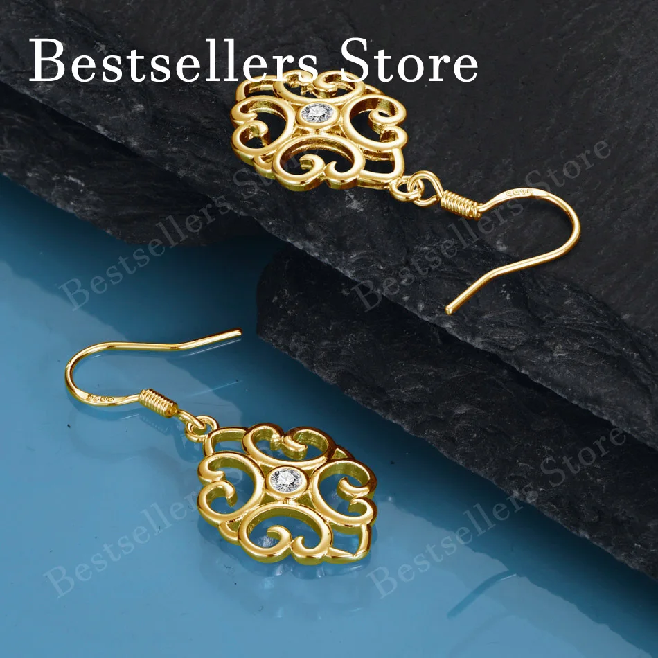 Exquisite 18K Gold-Plated Openwork Zircon Earrings with Scrollwork Patterns – Fashionable Jewelry for Women's Weddings