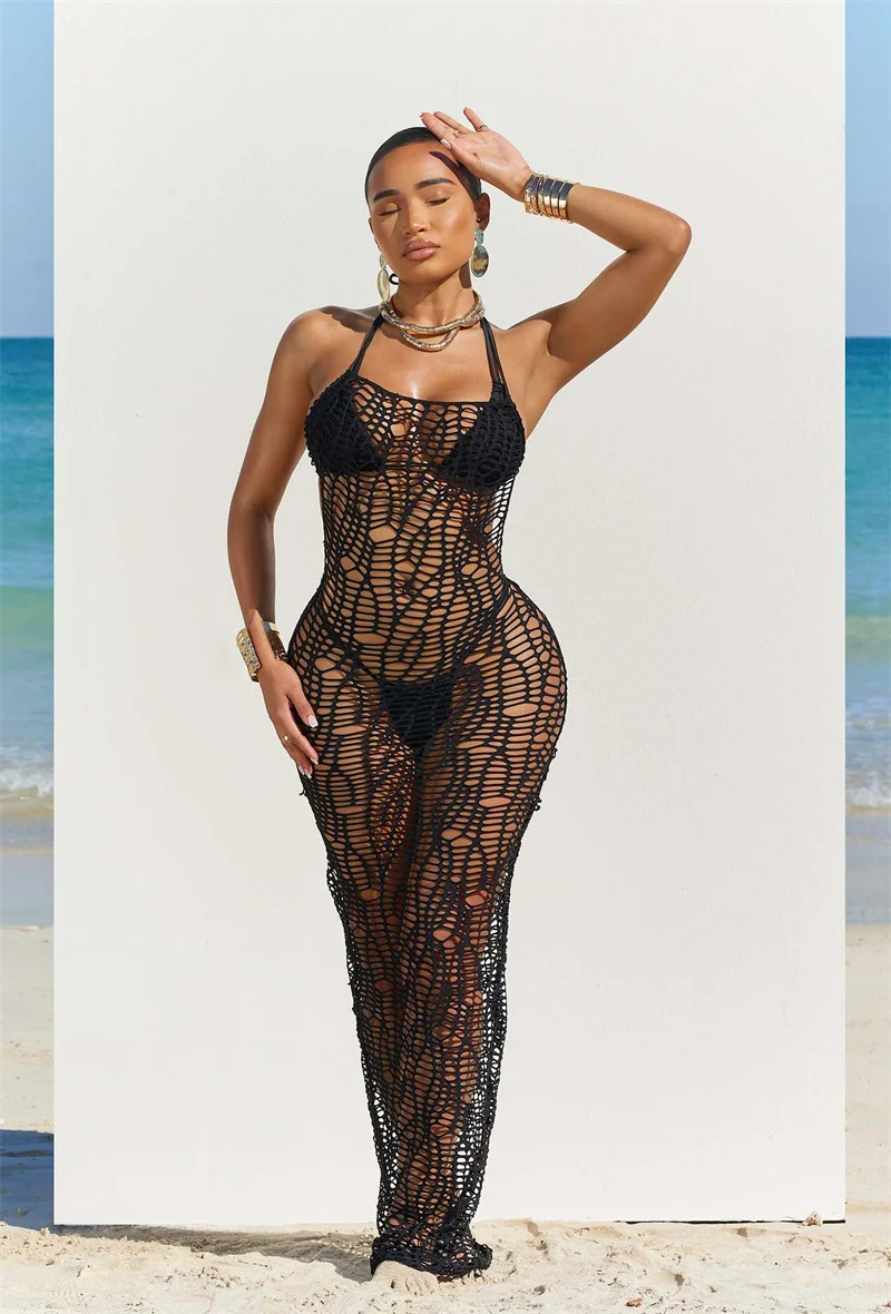 Women 3 Pieces Sexy Beach Bikini Set Backless Hollow Out Hole Knit Long Dress Cover Up+Lace Up Halter Bra Top+Underwear Swimsuit