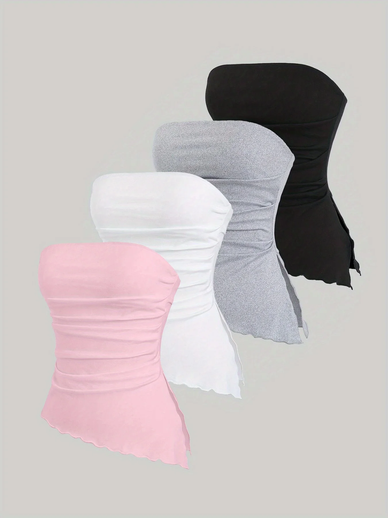 Women Strapless Ruched Asymmetrical Hem Crop Top 4 Pack Casual Form Fitting Solid Color Cami Top Set