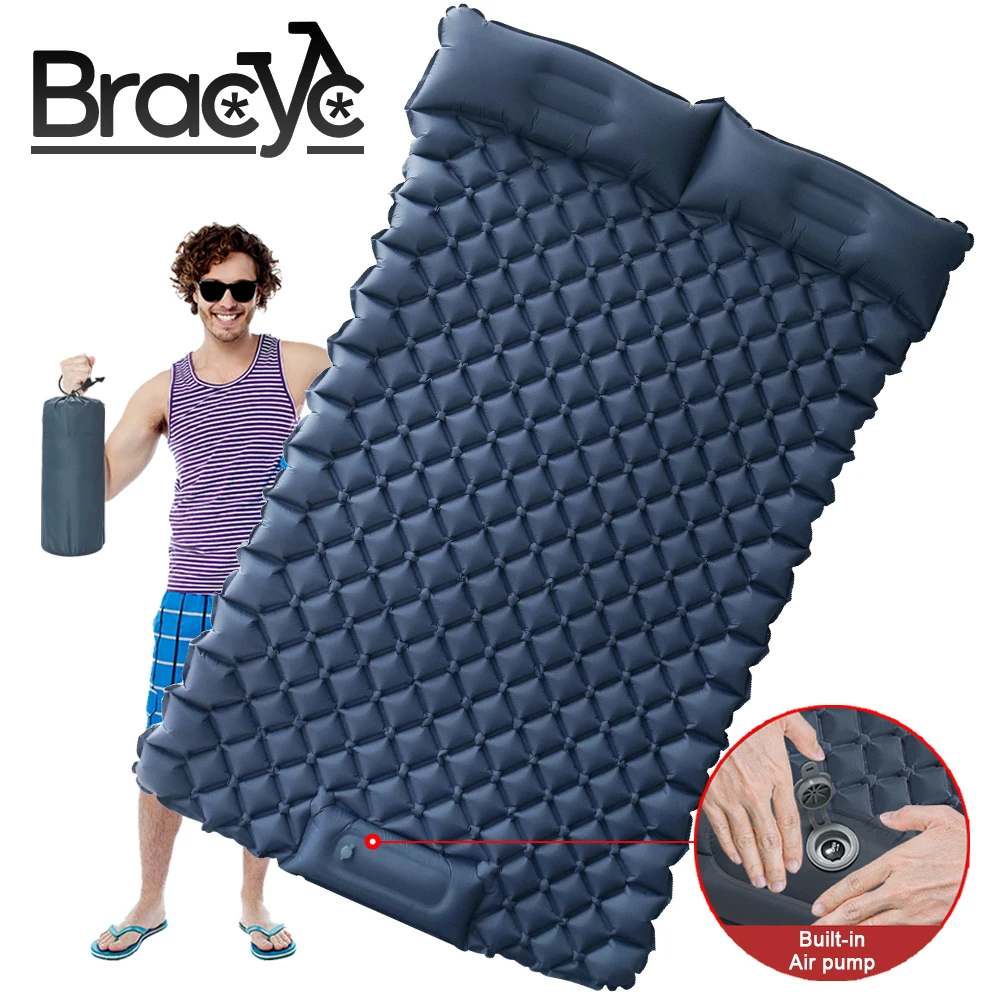 Double Sleeping Pad Outdoor Camping Self-Inflating Mat Sleeping Mattress with Pillow for Hiking 2 Persons Travel Bed Air Mat