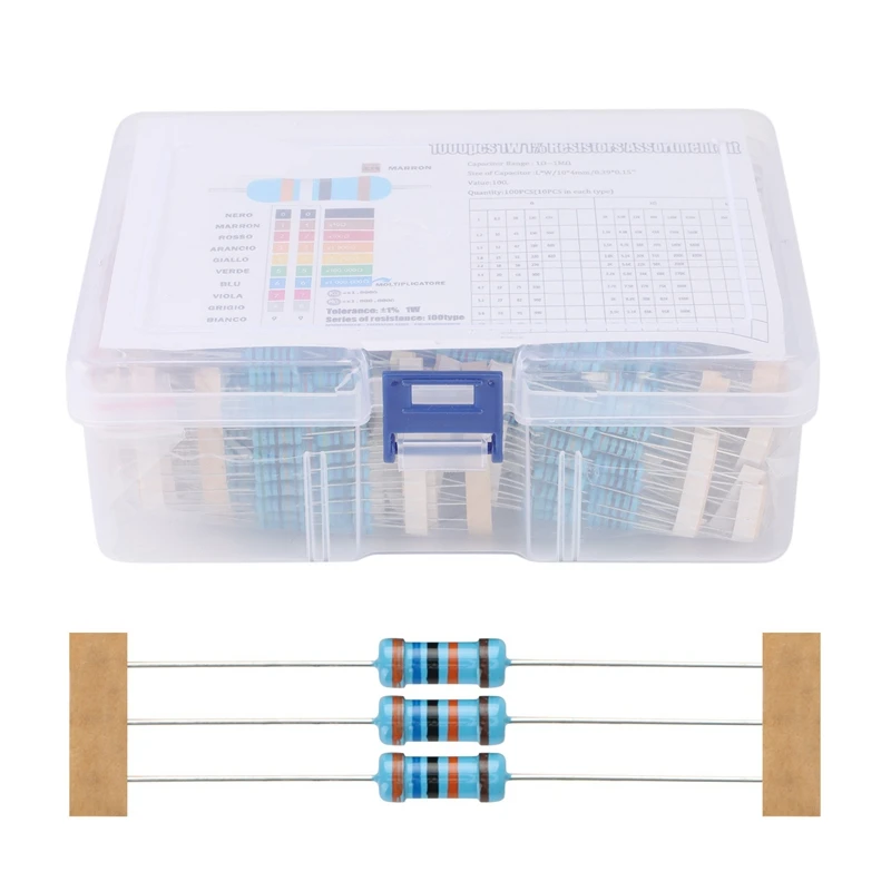 

1000Pcs 100 Values Each 10Pcs Metal Film Resistor 1% 1W Assorted Kit (1 Ohm- 1M Ohm Capacitor Range )