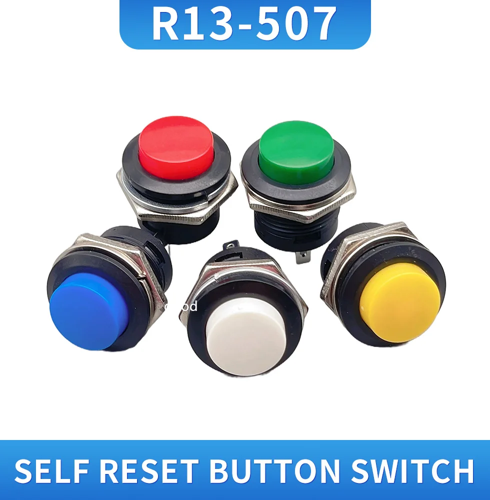 6 pcs R13-507 Momentary SPST NO Red Black White Yellow Green Blue Round Cap Push Button Switch AC 6A/125V 3A/250V 6color