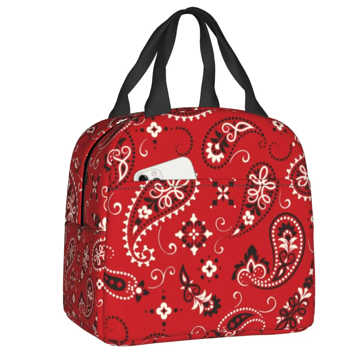 

Red Bandana Resuable Lunch Boxes Women Leakproof Bandana Paisley Western Cowboy Outlaw Cooler Thermal Food Insulated Lunch Bag
