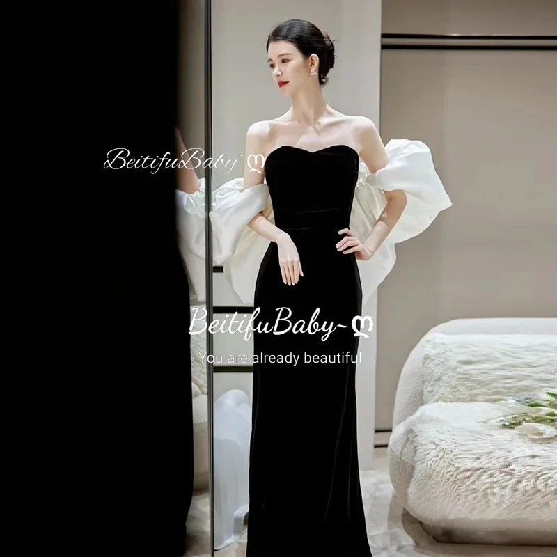 BeitifuBaby Black Strapless Evening Gown for Women Dress 2024 Elegant Zipper Mermaid Banquet Dresses for Wedding Party Vestidos