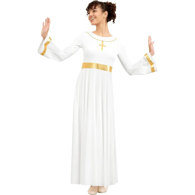 

Women Praise Dance Dresses Long Sleeve Metallic Dancewear Liturgical Dance Dress,Soft Lining