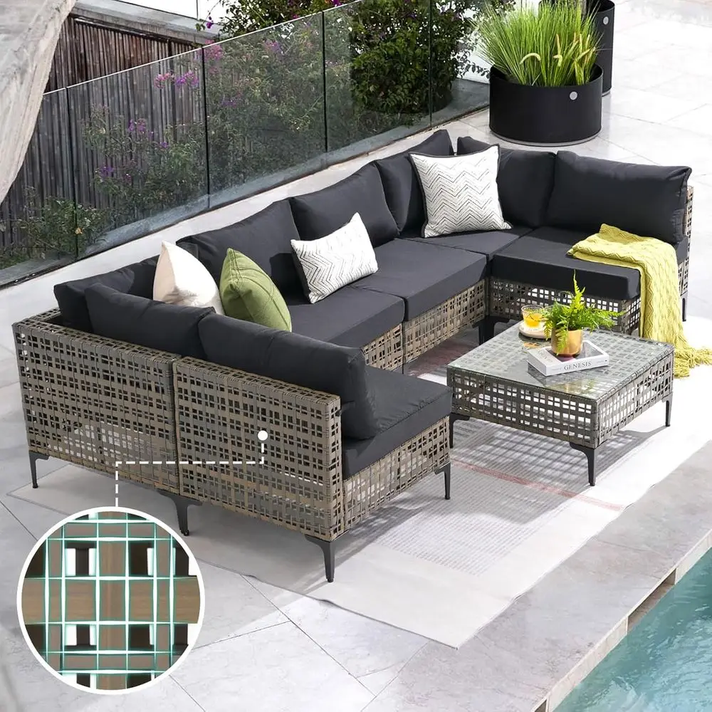 

7 Piece Wicker Patio urniture Set, Metal-Colored PE Rattan Outdoor Soa Set Patio Sectional with Water Resistant Cushion and Coee