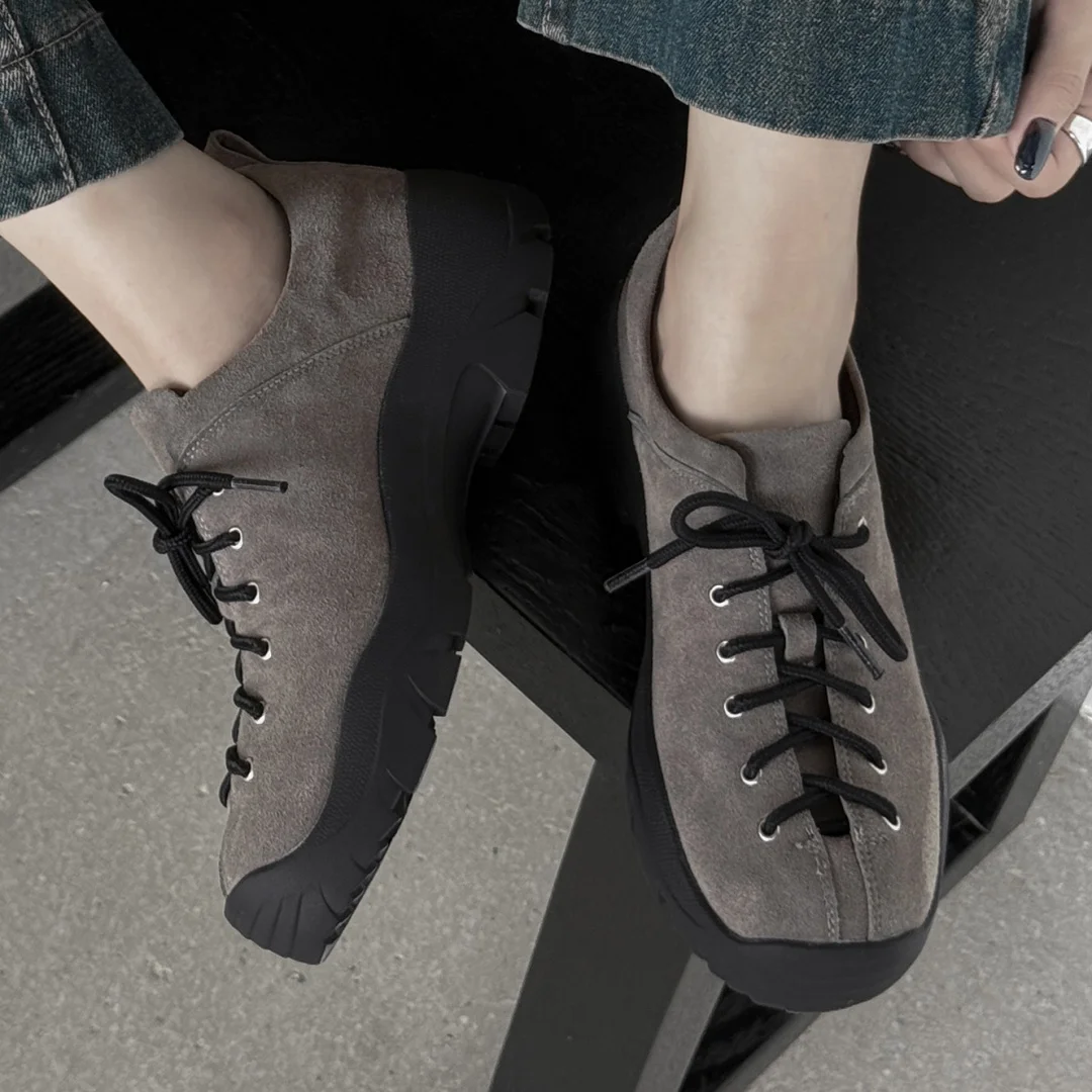 

Women's natural suede leather thick sole platform flats lace-up sneakers round tie high quality soft comfortable casual shoes
