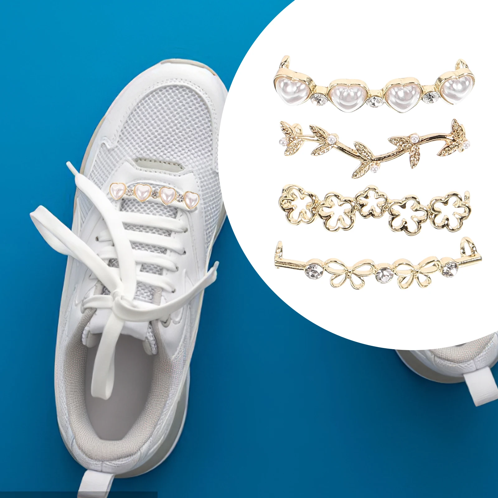 

4 Pcs Pearl Leaf Hollow-out Cherry Blossom Heart Rhinestone Shoe Clips for Sneakers Decoration Accessories Metal Charm