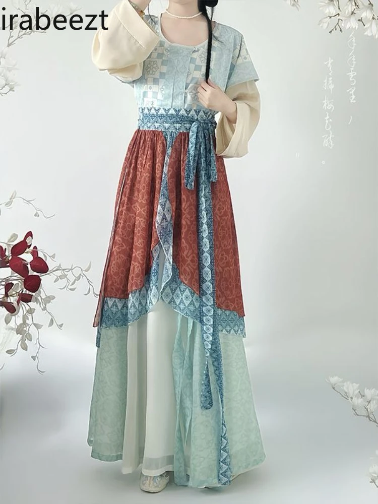 

Vintage Tang Dynasty Hanfu Women's Top with Round Neck & High-Waisted Eight-Panel Skirt Set Traditional Chinese Costume