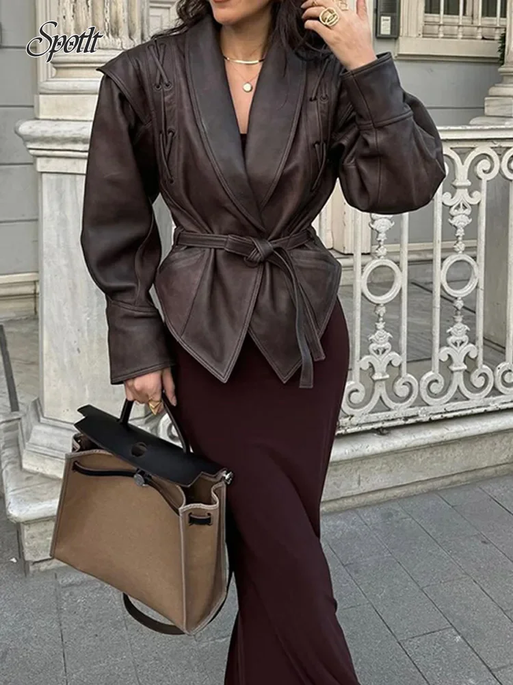 

Женская уличная кожаная куртка, универсальные коричневые пальто с длинным рукавом и V-образным вырезом, на шнуровке, повседневная женская верхняя одежда, осень-зима 2024