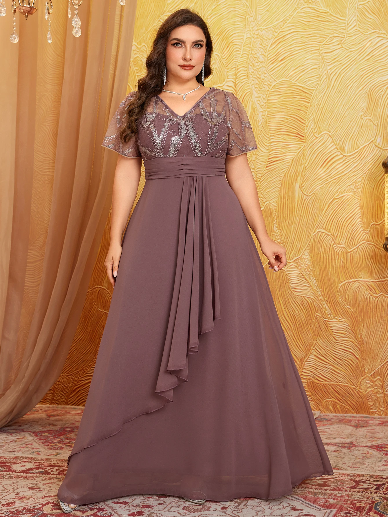 ユニホース プラスサイズ スパンコール刺繍 シフォン パッチワーク 高級フォーマルドレス パーティードレス