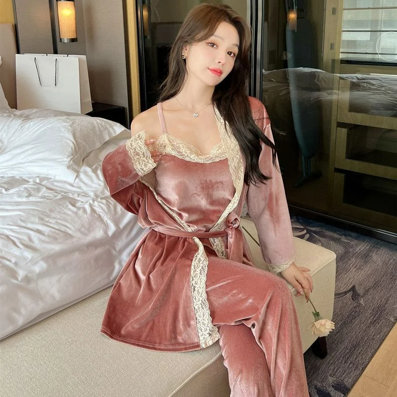 Pajama Women Autumn Winter Golden Velvet Sexy Lace Halter Nightgown Three-piece Set Loose Can Be Worn Outside Homewear Spring