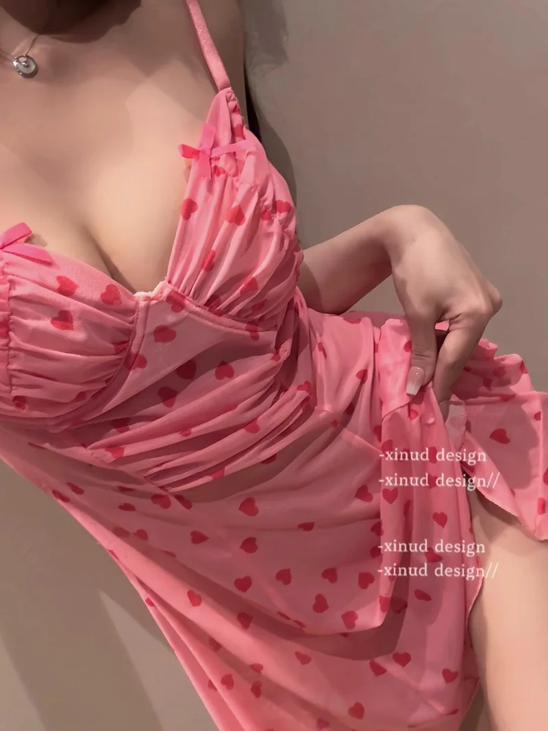 Comfortable Love Printed Summer Silky Lovely Suspender Bow Sexy Sweet Stylish Woman Fold Loose Slim Soft Girl Dress Elegant 59AO