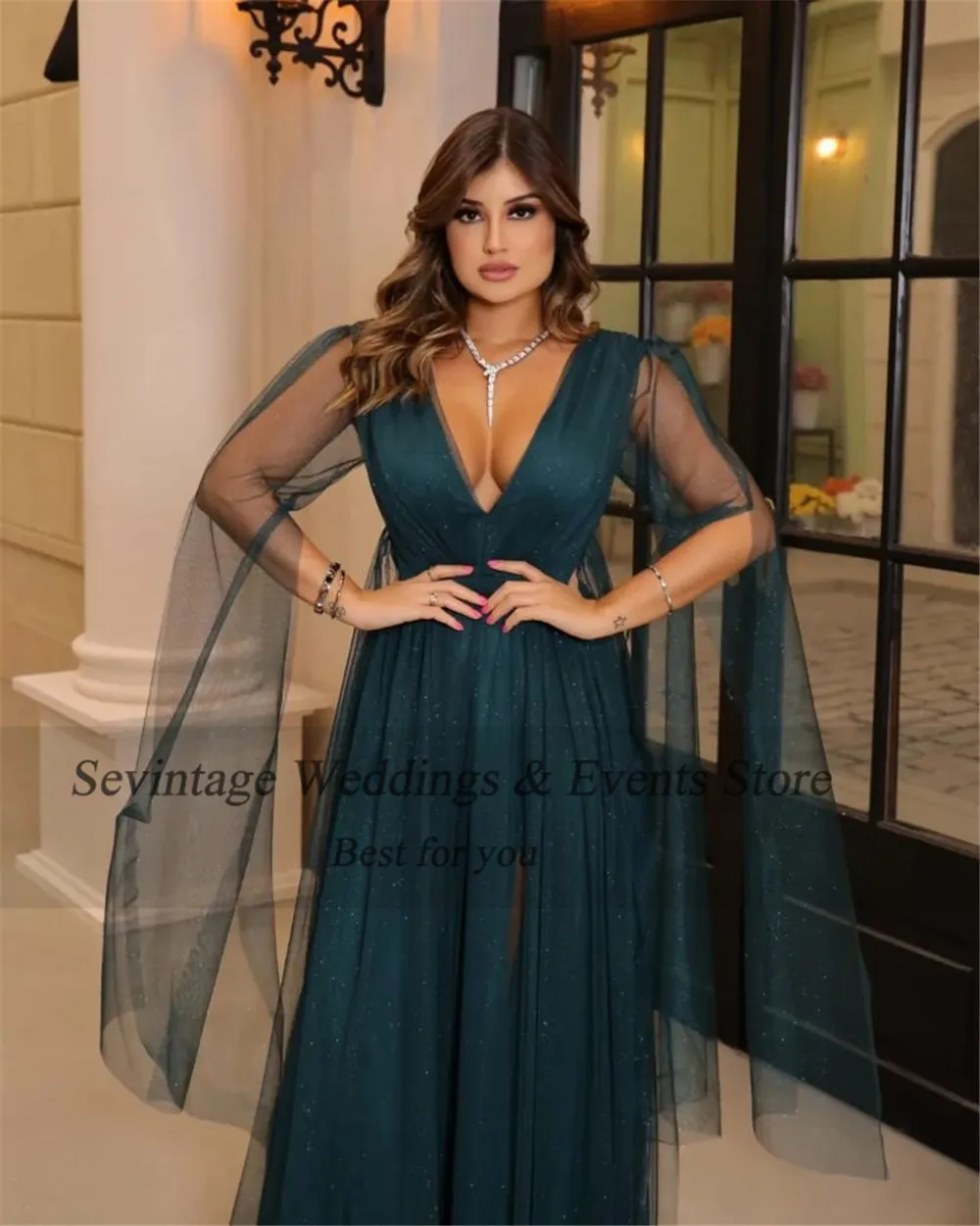 Sevintage Faint Blue Arabic Tulle Evening Dresses V-Neck Pleat Ruched Long Cap Sleeve Side Split Women Prom Dresses for women