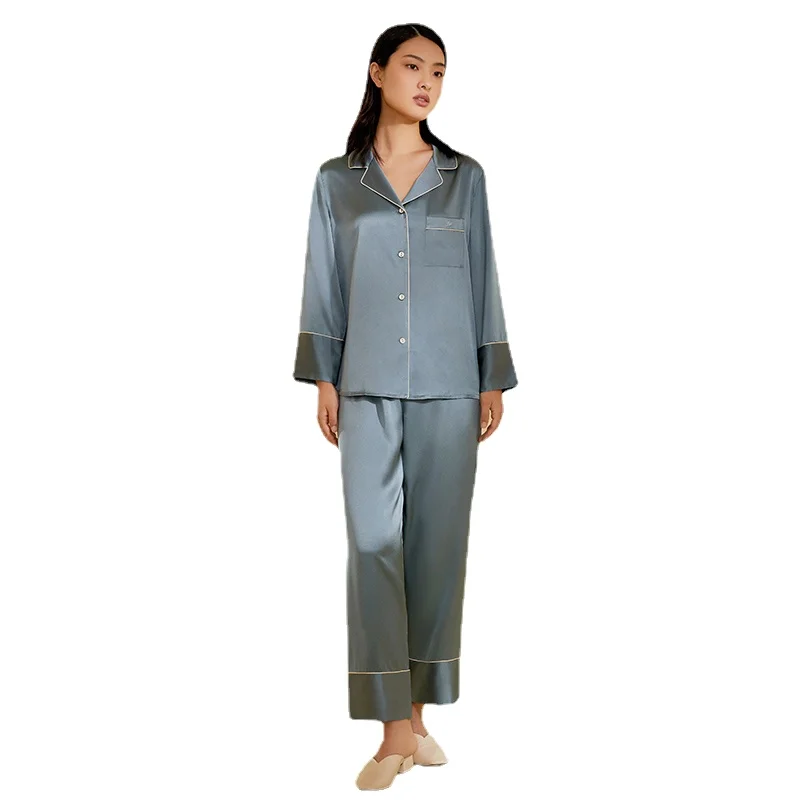 

2-piece Sets Silk Pajamas for Women 100% Mulberry Silk Pyjamas Long Sleeve Pijamas Couple Sleepwear Female Sleep Lounge Set