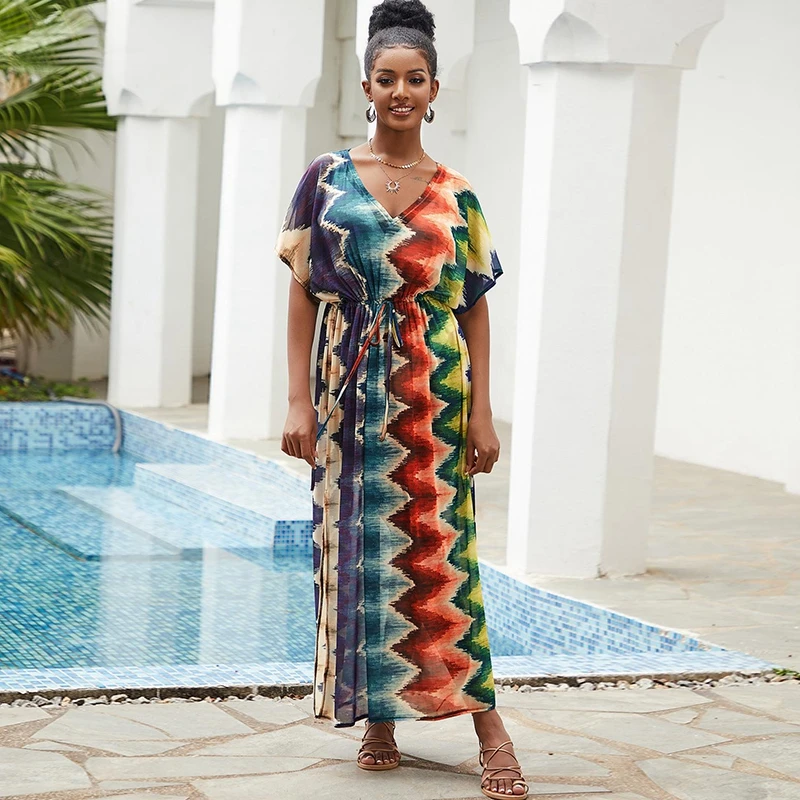 Effortless Chic Kaftan Boho Goddess This Colorful Tie-Dye Resort Dress Semi-Sheer Stuning Rainbow Print Beach Cover Ups Kaftan