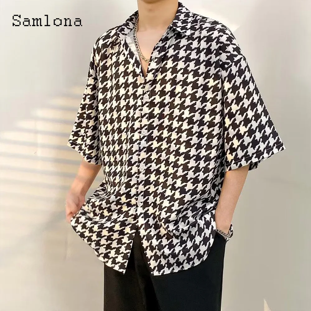 2023 Men Short Sleeve Casual Loose Blouse Kpop Fashion Houndstooth Shirts Masculina Camisa Top blusas Homme Ropa Male Streetwear