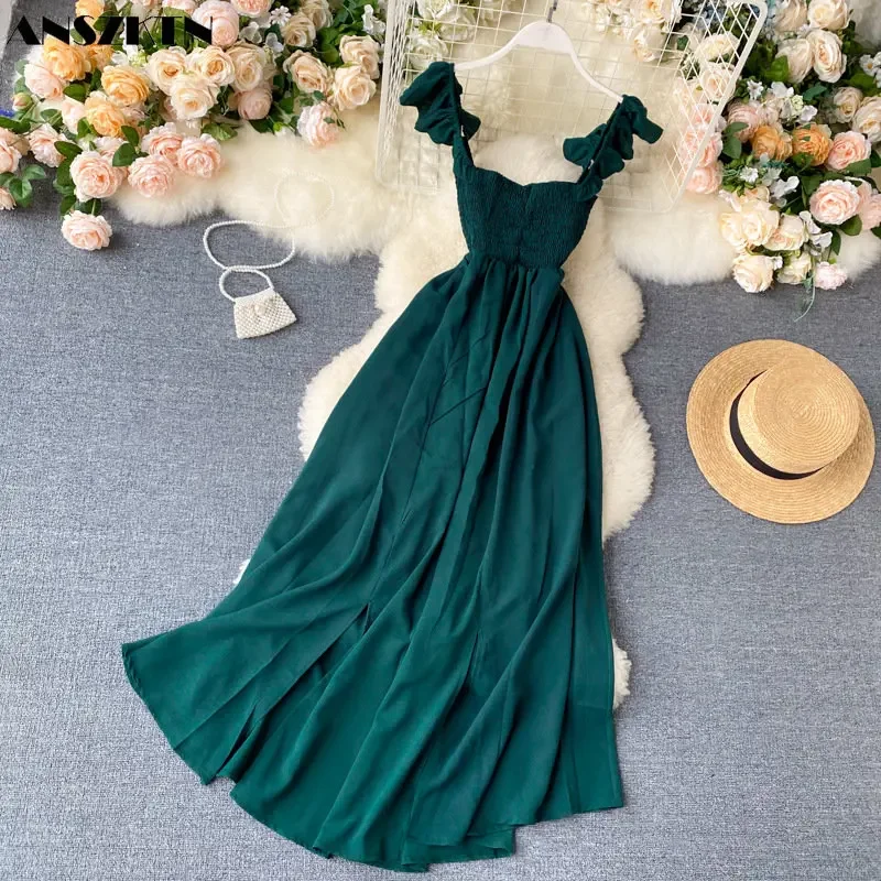 ANSZKTN High Waist Slash Neck Women Long Dress Elegant Big Swing A-line Vestidos Verano Vintage Party Dress For Female