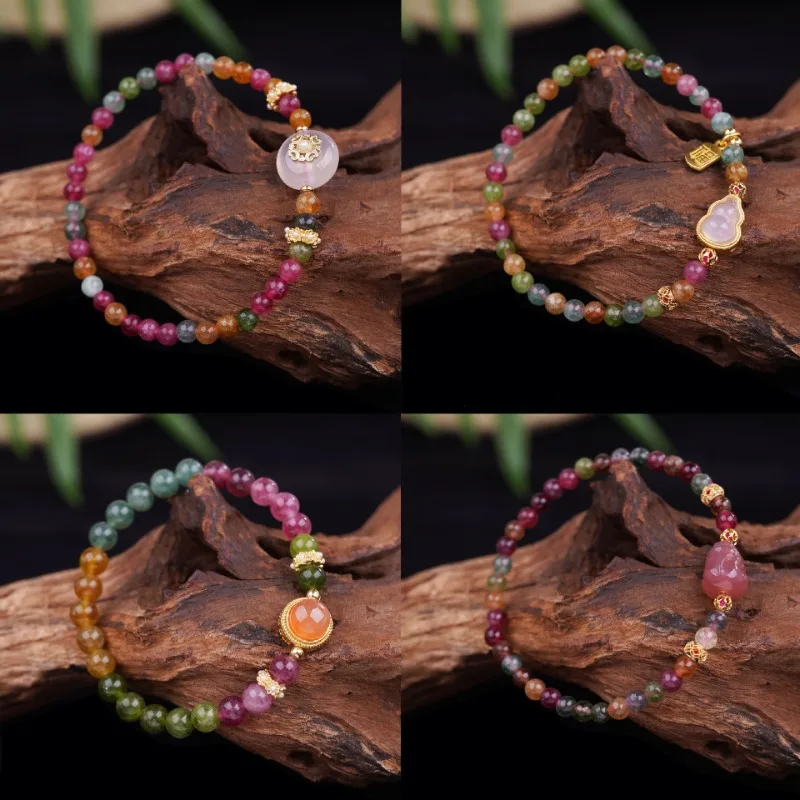 

Minar Sweet Rainbow Tourmaline Natural Stone Jade Chalcedony Fox Bottle Gourd Elastic Strand Charm Bracelets for Women Gifts