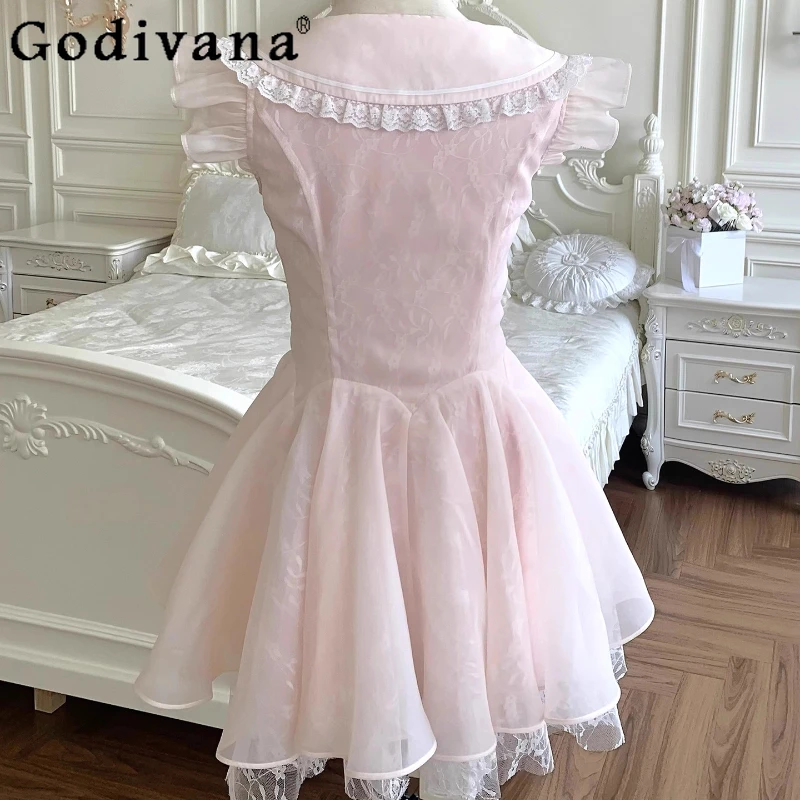 Vestido de princesa estilo balé japonês, vestido feminino de verão com laço e manga esvoaçante, rosa, cintura alta, lolita, doce