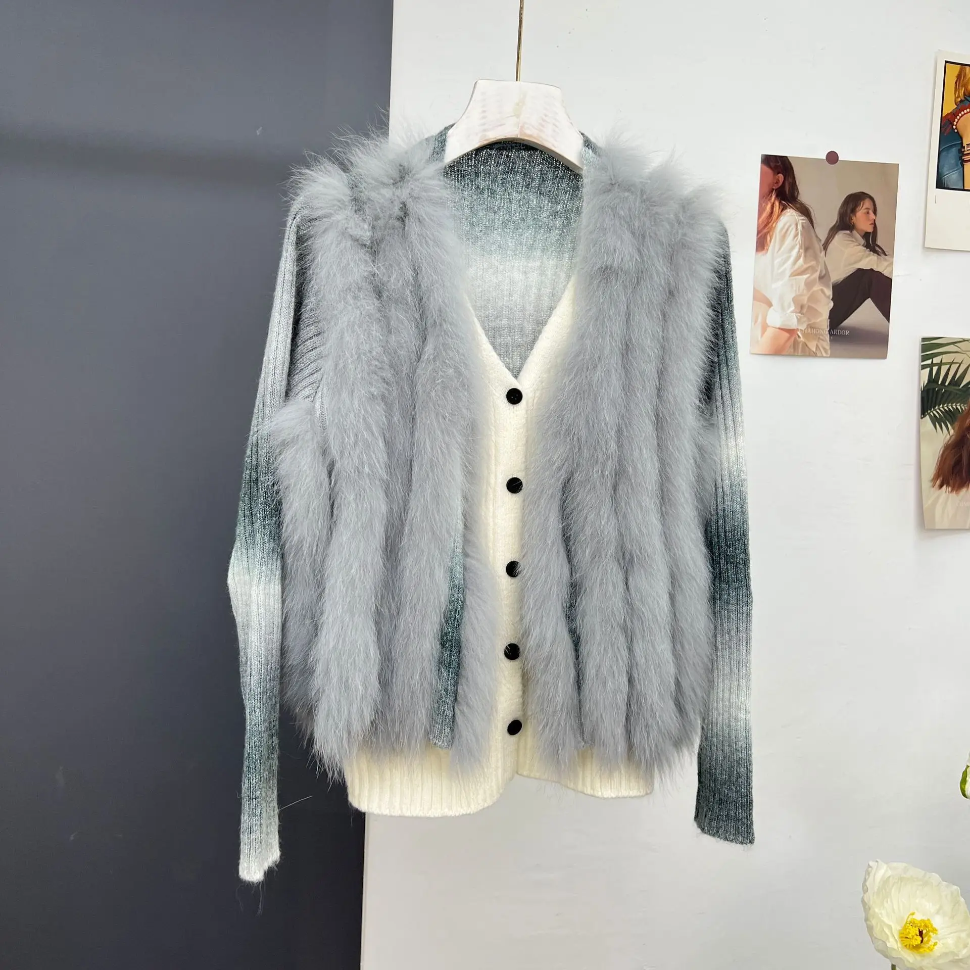 autumn and winter new item real fur fur grass coat fake two-piece knitted sweater cardigan women's top high-end