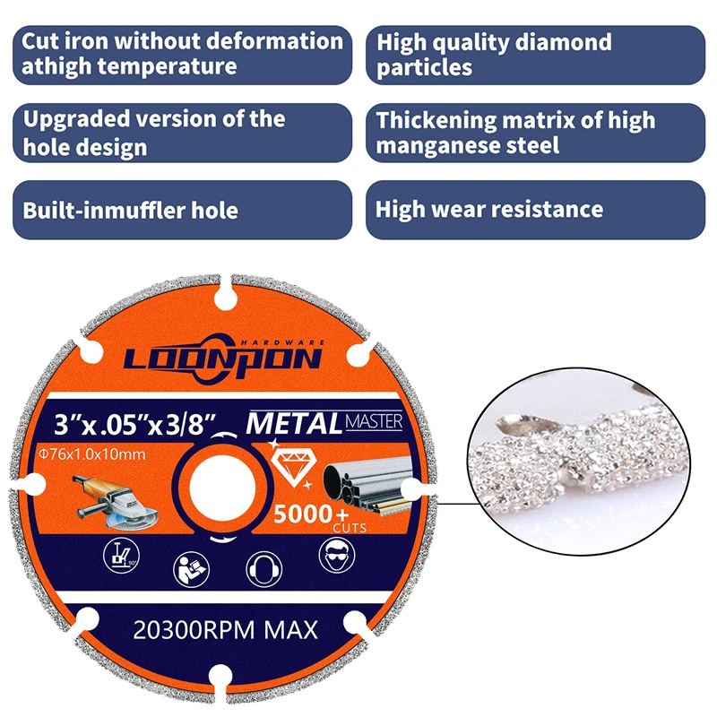 Loonpon 원형톱날 컷쏘날 76 x 10mm & 115 x 22.23mm 강화 철 절단을 위한 진공 납땜 다이아몬드 톱날 circular saw blade