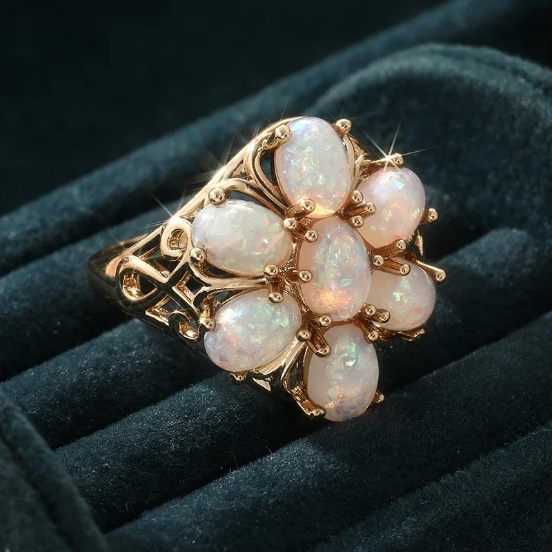 Gorgeous Hollow Design Synthetic Opal Flower Cluster Ring For Women Golden Color Palace Style Ring Fashion Jewelry Accessory