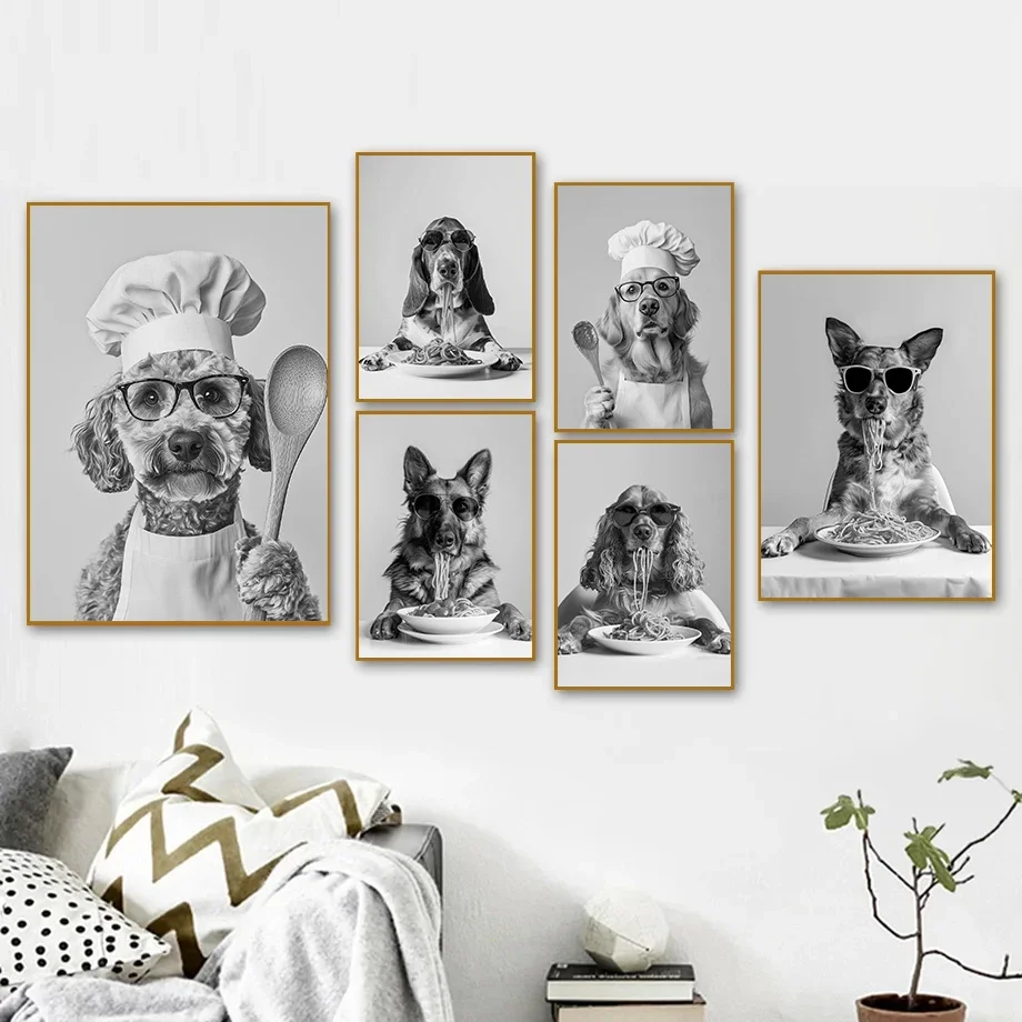 Interesting Animal Collie Eating Spaghetti Bulldog Cook Animal Portrait Poster Canvas Paintings Wall Art Pictures Home Decor