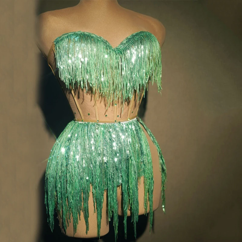 Women Drag Queen Costume Gogo Dancewear Sexy Stretch Green Sequins Fringed Bodysuit Pole Dance Dress Stage Rave Outfit 7832