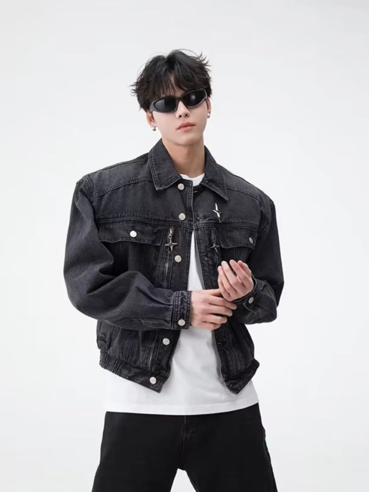 

Spring Autumn ort Loose Metal oulder Pad Denim Jaet Men's Vintage Waed American Sle Casual Outerwear Trendy Brand
